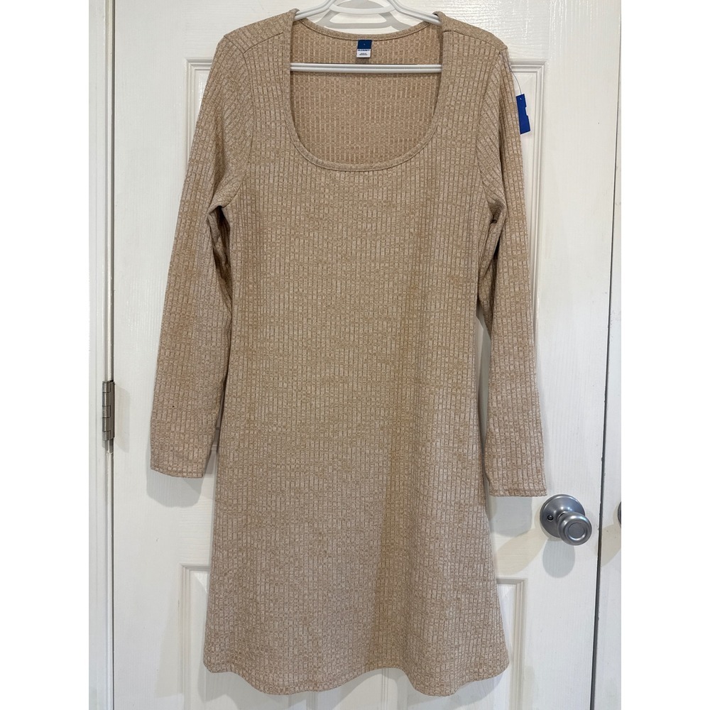 Old Navy Ribbed Knit Dress Long Sleeve Casual Everyday Dress Tan Size L